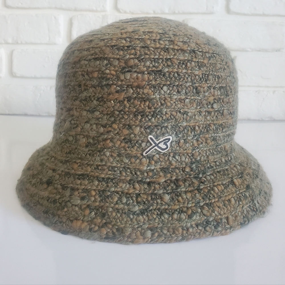Betmar New York Boucle Woven Knit Bucket Hat Green, Brown Earthy Tones Vintage